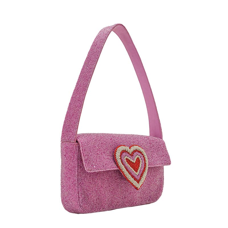 Image of Boho Girl Chic Pink Heart Embellished Fully Beaded Shoulder Bag for Women, Luxury Handbag, Ladies Bag, Tote Bag, Shoulder Bag, Designer Stylish Bag for Women