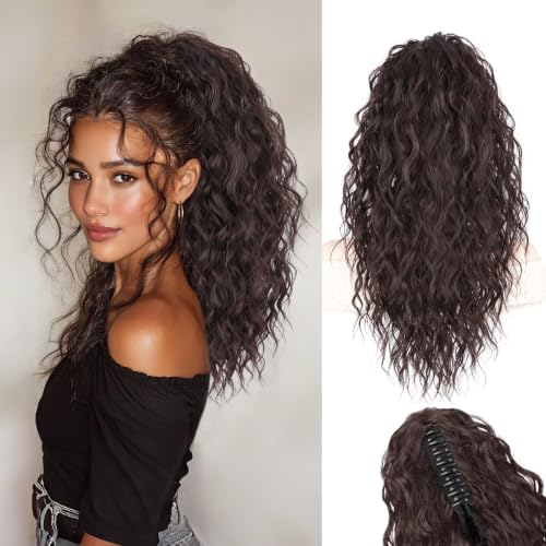 Stamped Glorious Brown Ponytail Extension 18" Curly Wavy Pony Tail Claw Multi Layered Clip on Ponytail Extension Fluffy Natural Looking Synthetic Hair Piece for Women(Dark Brown)