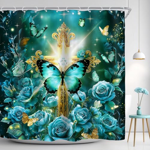 Riyidecor Teal Turquoise Gold Christian Shower Curtain for Bathroom Decor 72Wx72H Rose Floral Flower Retro Butterfly Crossing Botanical Art Printed Fabric Polyester Waterproof 12 Pack Plastic Hooks