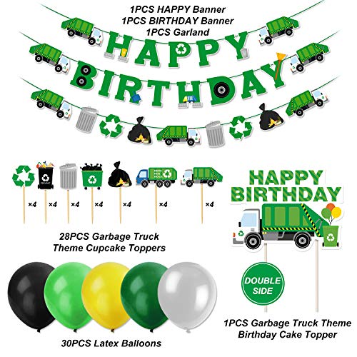 Garbage Truck Birthday Party Supplies Trash Truck Banner Garland Cake Topper Cupcake Toppers Latex Balloons For Boy’s Birthday Waste Management Recycling Party Decor #TOP1