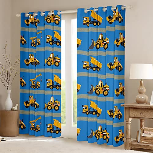 Truck Blackout Curtains 2 Panels 42"Wx63"L, Crane Bulldozer Excavator Kawaii Curtains, Construction Tractor Curtains & Drapes, Hand Drawn Window Treatments Big Wheel Car Kids Car Theme Room Decor Blue #TOP1