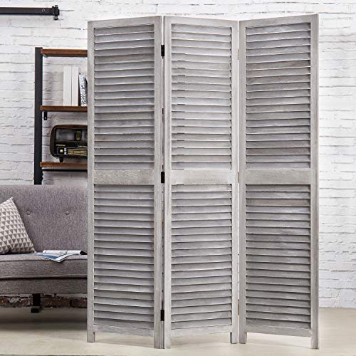 MyGift-Vintage-Distressed-Grey-Wood-3-Panel-Room-Divider-Screen-Louvered-Semi-Private-Partition MyGift Vintage Distressed Grey Wood 3 Panel Room Divider Screen Louvered Semi Private Partition