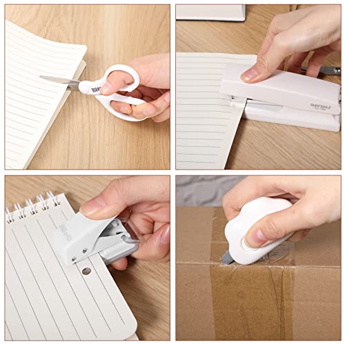 12 Pcs White Desk Accessories Office Supplies Set Stapler Set Scissor Hole Punch Small Tape Measure Staple Remover Binder Clips Paper Clips Knife Ballpoint Pen Transparent Tape Pen Holder #TOP3