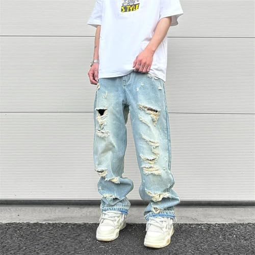 Men Washed Blue Oversized Jeans Wide Leg Jeans Baggy Straight Ripped Denim Pants2