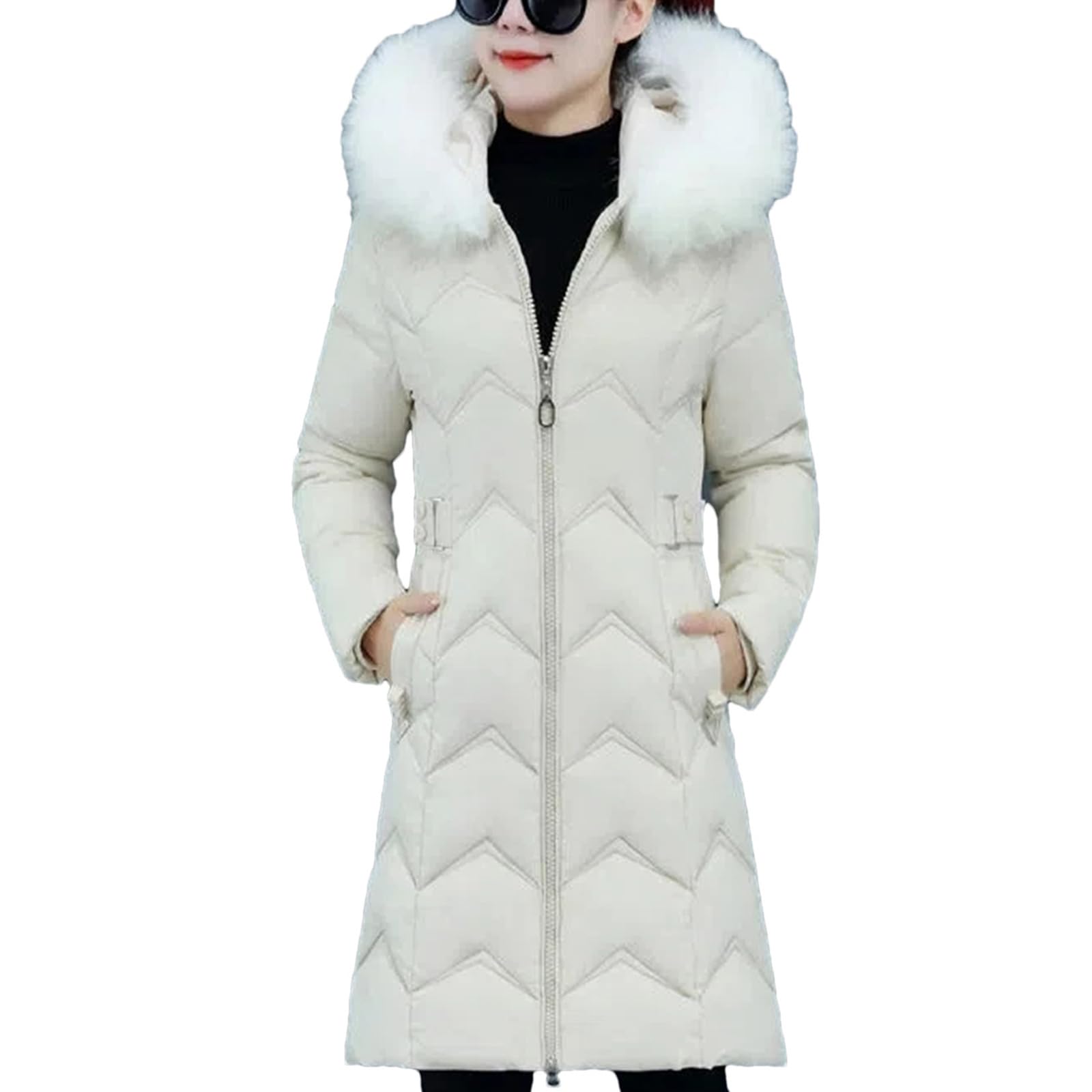 Piumino Con Cappuccio Con Collo In Pelliccia Sintetica, Vestibilità Slim E Alla Moda, Parka Invernale, Giacca In Cotone, Giacca A Vento Lunga Calda Come La Neve