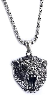 Bear Pendant, Celtic Bear Head Necklace for Men, Norse Viking Bear Necklace Bear Jewelry, Hip Hop Roaring Bear Charm Necklace Stainless Steel Punk Bear Animal Pendant Necklace