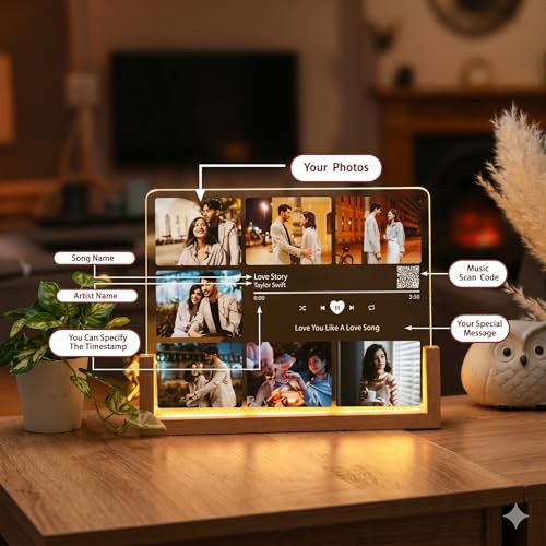 Image of Custom Photo LED Night Lamp with Song Name and scannable song Code - Personalized Plaque, Couple Collage Picture Frame Light