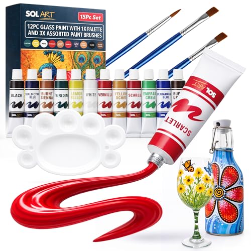 SOL 12pc Glass Acrylic Paint Set for Adults with 1x Palette & 3x Assorted Paint Brushes Waterproof Acrylic Paints Set for Glasses Wood Rocks Stones Canvas Metal & Plastic for Artists
