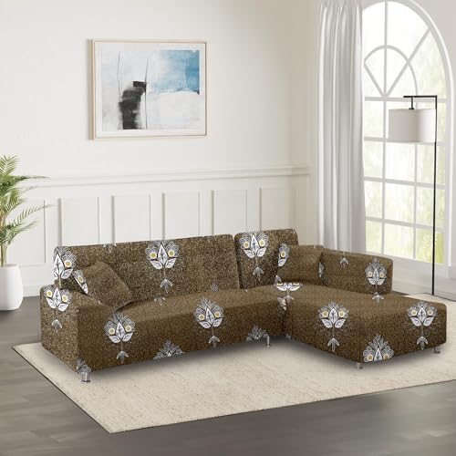 Image of Amazon Brand - Solimo L-Shaped Sofa Printed Slipcover | 2 Pieces Elastic Sofa Cover | High Density Stretch Fabric | Universal Fit (Brown)