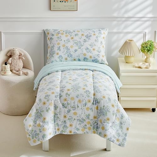 Image of JHXHMX 4 Pieces Toddler Bedding Set,Green Floral Toddler Comforter Sets for Girls,Soft Crib Bed Sheets Set Includes Quilted Comforter,Fitted Sheet,Flat Top Sheet and Envelope Pillowcase