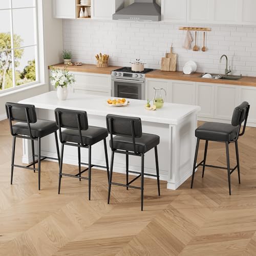 Image of GarveeHome Black Bar Stools Set of 2, 26 inch Counter Height Bar Stools with Back, Faux Leather Upholstered Barstool Chairs with Metal Legs for Kitchen Island, Counter Bar