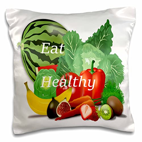3dRose Lens Art by Florene-Crazy for Different Foods-Image of Words Eat Healthy On Fruits and Vegetables (pc-309815-1) Pillow Case, White