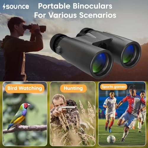 Image of Sounce 12x42 Binoculars for Long Distance | Waterproof HD Binocular for Adults | BAK4 Prism FMC Lens | Bird Watching Wildlife Safari Stargazing | Fog Proof Durbin with Pouch (Black)