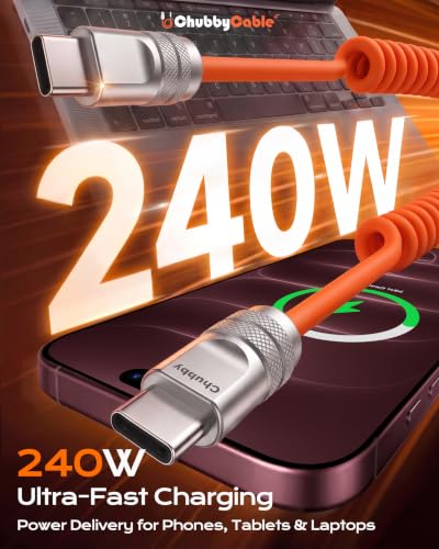 chubbycable Coiled USB C Cable 240H Sag-Free Charging Cable, 1 Pack, Orange - Image 4
