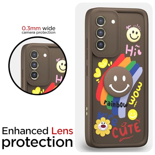 Image of Pikkme Back Cover for Samsung Galaxy S21 Fe 5G | Soft Silicone| Cute Rainbow Smile & 3D Cartoon Flower Design | Shockproof Raised Camera Protection Bumper Case (Brown)