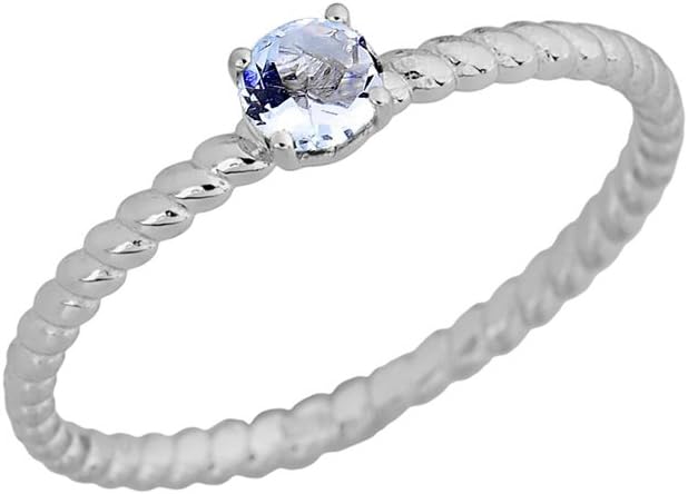 Dainty 10k White Gold Stackable Aquamarine Solitaire Rope Engagement/Promise Ring