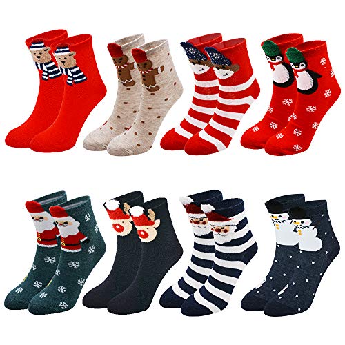 STONCEL 8 Pairs Women Xmas Style Socks, Festive Socks, Santa Claus Deer Patterns Warm Crew Socks for Autumn Winter Holiday