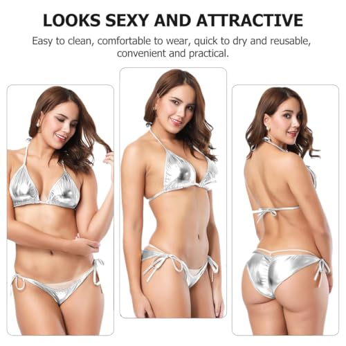 NewBull Women's Sexy Lingerie Sets Faux Leather Wetlook Bikini Set Bra Panty Metallic PU Underwear Shiny Silver Lace-Up Halter Bra Top Thong Bottom with Adjustable Tie Straps 2 Piece (Silver) - Image 2
