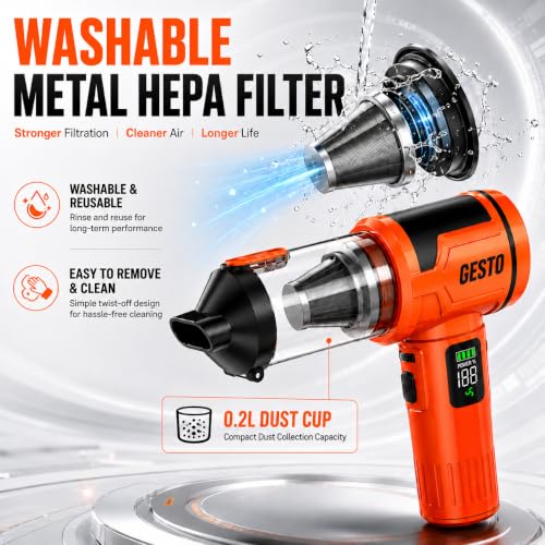 Image of Gesto Car Vaccum Cleaner, 4-in-1 Cordless Handheld Vacuum Cleaner & Air Blower, 18000Pa Portable Mini Vacuum Cleaner for Car, Sofa & Home, 100W Brushless Motor, 6000mAh Battery - 1 Year Warranty