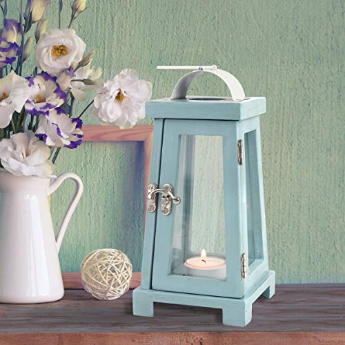 Stonebriar Coastal Worn Blue Wooden Tea Light Candle Lantern with Handle - Image 7