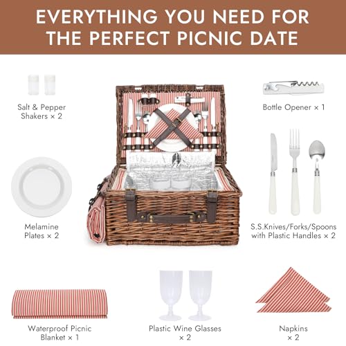 Image of Picnic Basket Set for 2 Persons with Cooler and Waterproof Picnic Blanket, Classical Wicker Picnic Baskets with Waterproof & Sand-Proof Beach Mat,Willow Hamper Service Gift Set