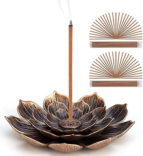 Lotus Incense Holder Burner, Oriental Aroma Kodo, Censer Stick Incense Stick Holder Cone Incense Burner with Detachable Ash Catcher, Copper Alloy, U-MATE