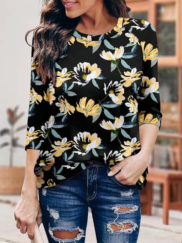KISSMODA Tunic Tops for Women Loose Fit Dressy Round Neck Pleated 3/4 Length Sleeve Spring Tops