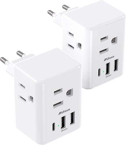 [Paquete de 2] Adaptador de enchufe de viaje europeo - Adaptador de enchufe internacional con puertos de carga USB (1 USB C), adaptador de corriente