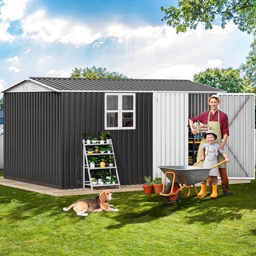 Image of DWVO 12x8ft Metal Outdoor Storage Shed with Window, Lockable Tool Storage Sheds, Oversized Steel Garden Sheds with Sloped Roof for Backyard, Patio, Garage, Lawn, Gray & White