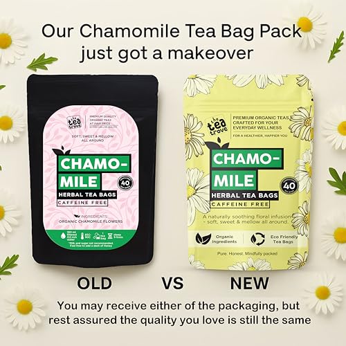 Image of The Tea Trove Pure Chamomile Tea Bags Organic - 40 Eco-Friendly Caffeine Free Camomile tea in Resealable pouch - Steep Hot Or Iced | Pack of 1, 40 grams