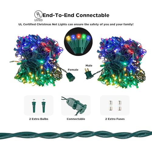 Image of Led Net Lights Christmas Lights Outdoor 200Leds 9ftx6ft Upgraded Multicolor Christmas Net Lighting, Waterproof 5mm LED Wide Angle Outdoor Indoor Mesh Net Light for Trees, Bushes, Shrubs Decorations