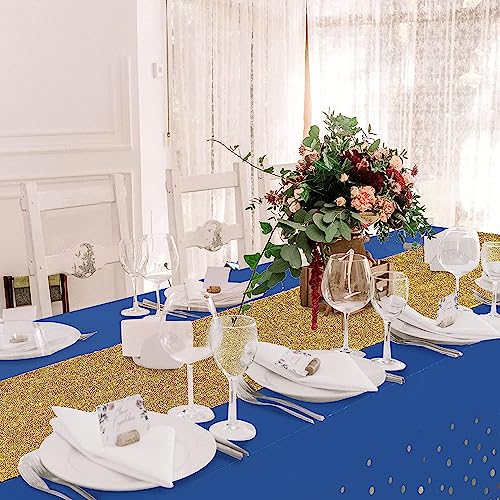 Image of Irenare Tablecloth and Sequin Table Runner Set Polka Dots Confetti Table Cover Dining Plastic Tablecloths Glitter Decorations for Birthday Wedding Anniversary Party Supplies(Blue, Gold,4 Pcs)