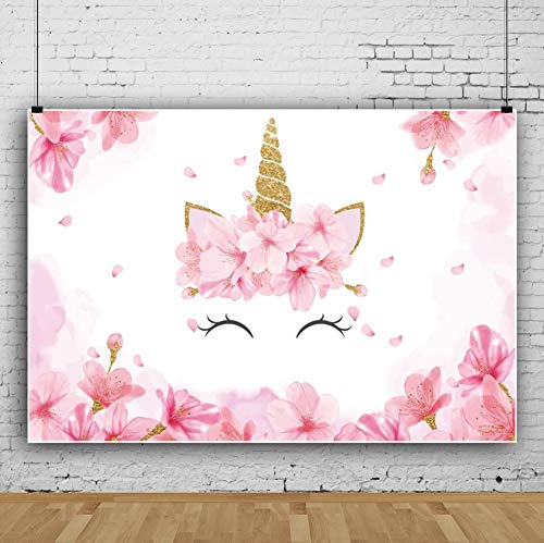 Leowefowa 1,5x1m Vinyl Einhorn Fotohintergrund Rosa Kirschblüten Tapete Lächelndes Einhorn Goldhorn Fotoleinwand… – Bild 4