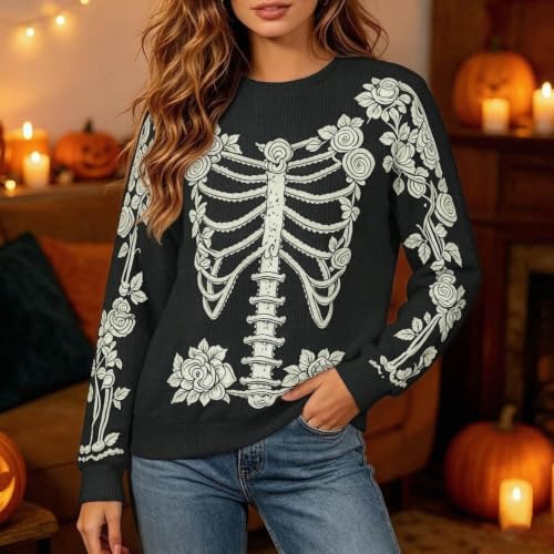 Womens Sweaters Halloween Skeleton Floral Graphic Pullover Gothic Clothes - image 2