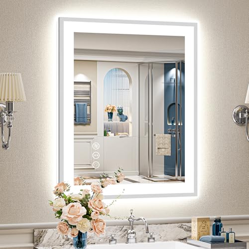 Image of 24x32 Brushed Nickel LED Bathroom Mirror with Lights, Backlit & Front-Lit, Anti-Fog, Framed Lighted Vanity Mirrors for Bathroom Wall, Dimmable, 3 Colors, Memory, Shatter-Proof, Tempered Glass