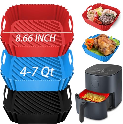 OAWEEN 3 Pcs Silicone Air Fryer Liners Reusable Square 8.6 Inch Thickened Airfryer Basket for 4 to 7...