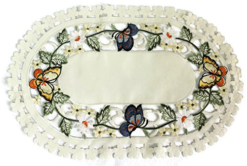 Placemat or Doily Embroidered with Butterflies on Ivory Fabric, Size 11 x 17 inches