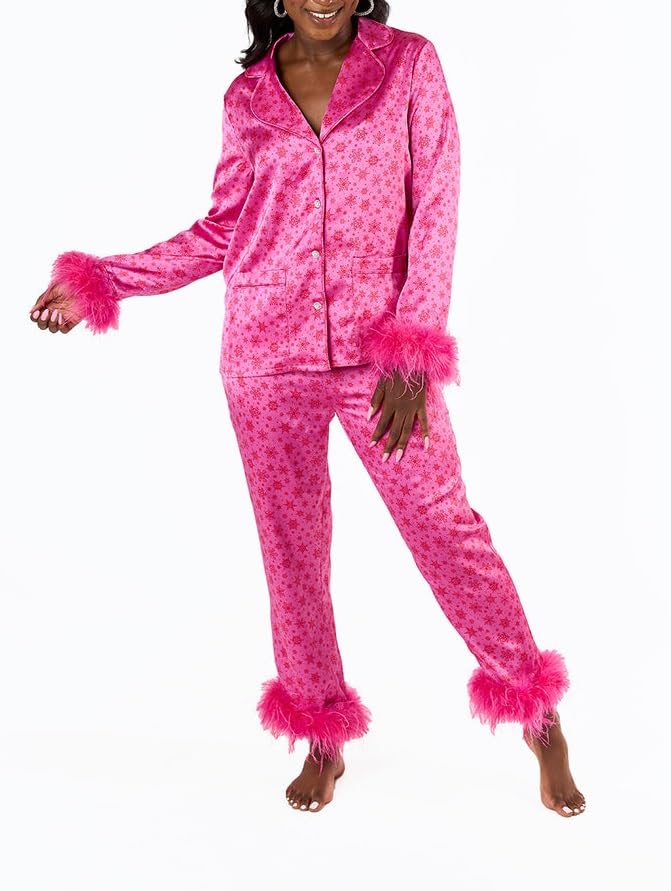 Mommy and Me Matching Christmas Pajamas Set Feather Fur Trim Xmas Pjs Set 2 Piece Silk Sleepwear for Women Girl3