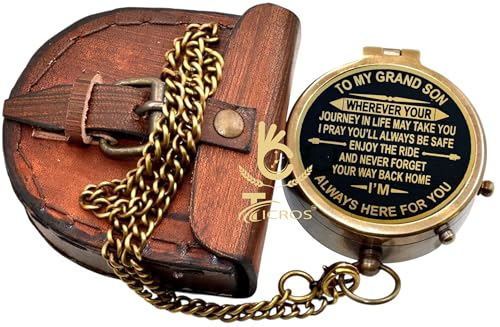 Brújula vintage de latón con estuche de cuero grabado miniatura 5