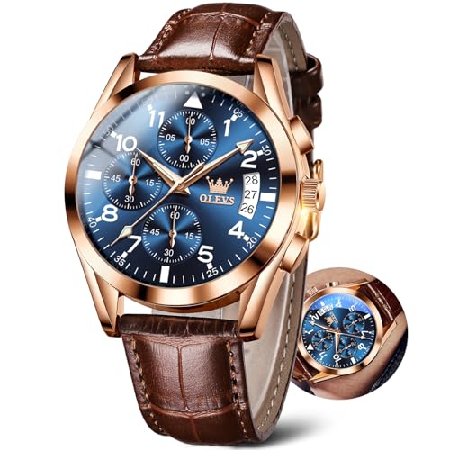 Image of OLEVS Men's Watches Brown Leather with Date,Casual Watches for Men,Large Face Watches Men,Chronograph Mens Watch,Sport Waterproof Business Dress Analog Quartz Men's Wrist Watches Reloj De Hombre
