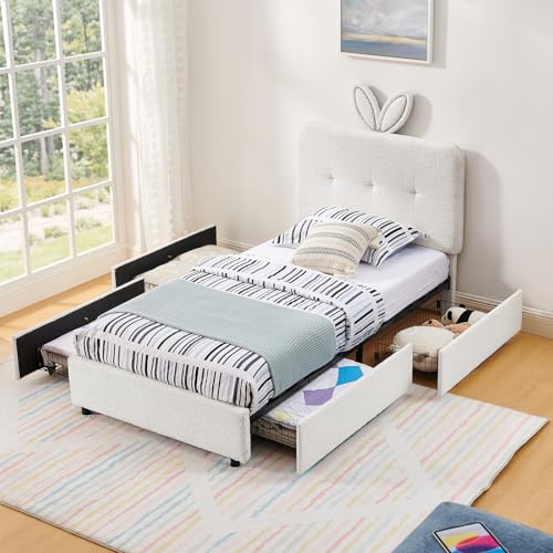 Image of Twin Led Bed Frame with 4 Storage Drawer, Upholstered Platform Floor Bed with Rabbit Ear Headboard Daybed Strong Wooden Slats No Box Spring Needed for Kids Girls Boys, Beige