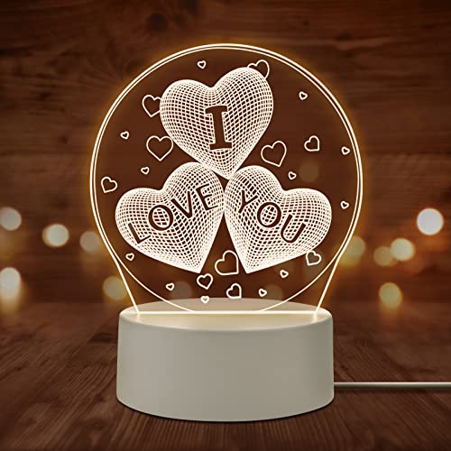 Luz de Noche Romántica para el Dormitorio Te Amo Lámpara de Mesa Corazón 3D para Esposa Esposo...