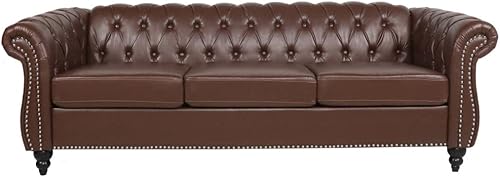 Miniatura 3 de Sofá Chesterfield de 84 pulgadas, piel sintética, moderno sofá de 3 plazas con brazo enrollado y respaldo copetudo, sofás tapizados con cabeza de