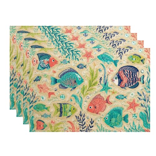 Juego de 4 manteles individuales con diseño de peces náuticos, estilo océano tropical, para comedor, playa de verano, antideslizantes, lavables, para interiores y exteriores, cocina, fiesta, juego de