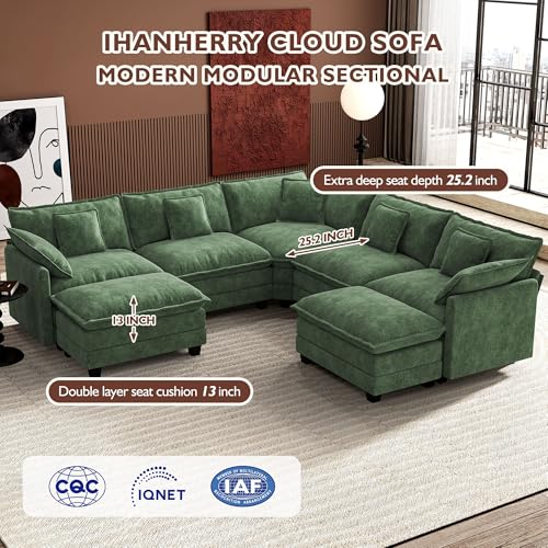 Image of Ihanherry 114 inch V-Shaped Modern Sofa Modular Sectional Cloud Couch with 2 Ottoman, 7-Seat Chenille Deep Seat Sofa with Corner Section for Living Room, Bedroom and Apartment, Green