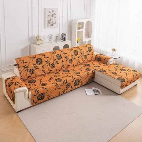 Image of HOKIPO 'Elira Series' Printed Quilted One-Piece L Shape 6 Seater (3+3) Sofa Cover with Right Chaise | Anti-Slip Design, Copper Brown Floral (AR-6230-C8)