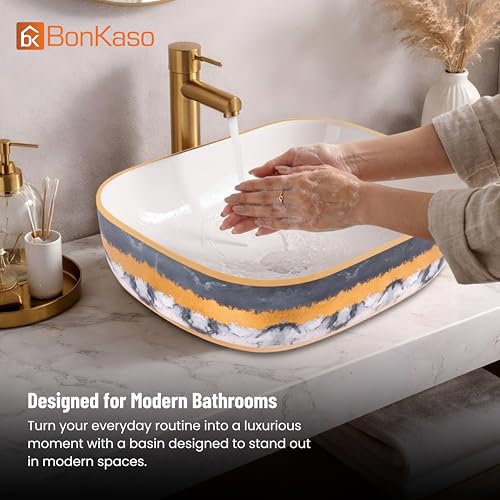 Image of Bonkaso Designer Ceramic Table Top Wash Basin | Grey White with Golden Texture Rectangular Countertop Vanity Sink | 45 x 32.5 x 13.5 cm Premium Glossy Bathroom Basin - P1023