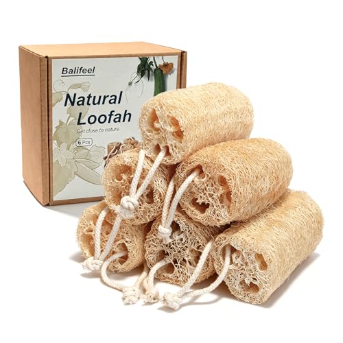 Balifeel Natural Loofah Sponge Organic Loofa Set 6 Pack,Exfoliating Body Scrubber Shower Luffa Men and Women for Bath Cleaning Skin Back and Face Eco Tool