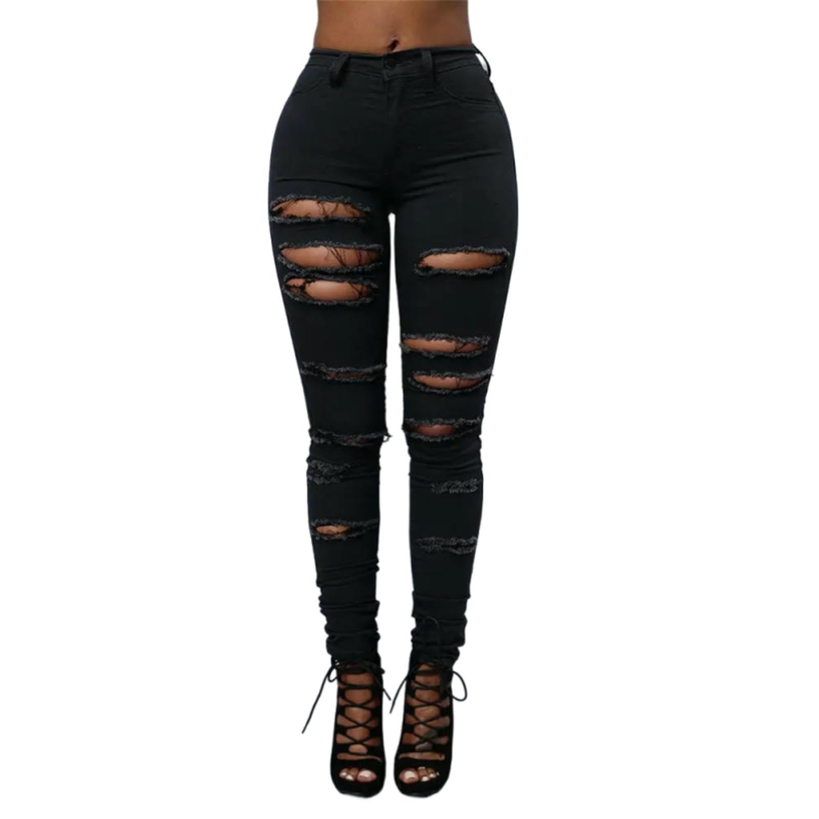 WANGQIQI Jeans Donna Pantaloni A Matita Magri con Strappato-Nero-XXXL