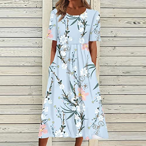 Women Dress, Floral Dress White Sparkly Wedding Size 8 Women's Summer Casual Fashion Printed Short Sleeve 2022 O-Neck Pocket Dress Casual Print Short Crewneck Dress Skirts J Crew (Xl, Blue) #TOP1